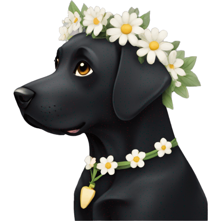 Black lab dog with white chest with flower crown emoji