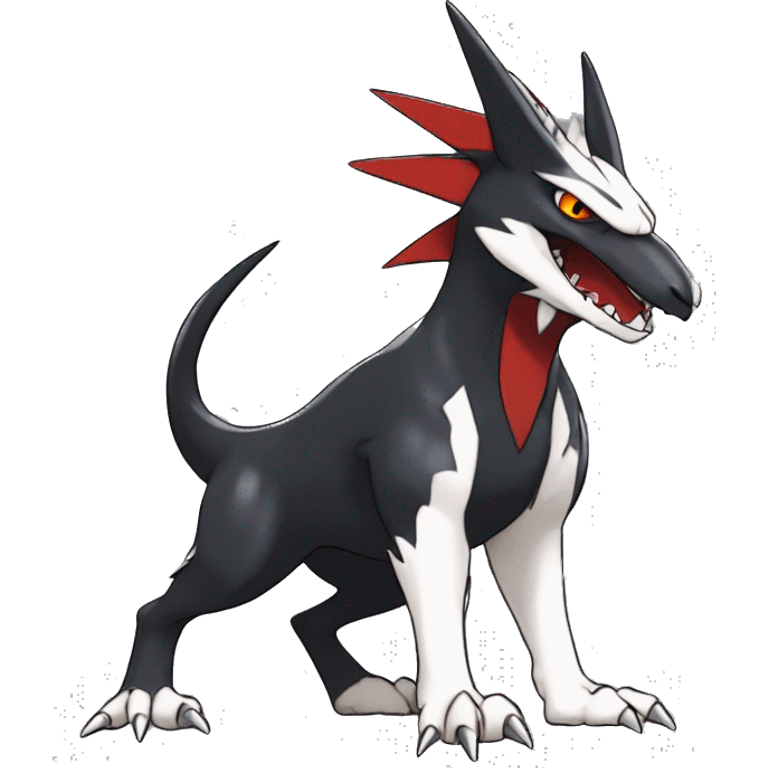 Black Cool Edgy Nargacuga-Houndoom-Garchomp Fakémon Digimon with Red and white Edgy markings, full body, outlined emoji