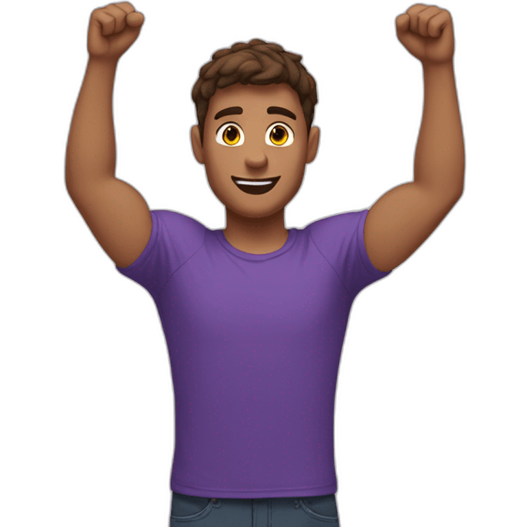 young french man, arms up, brown hair, purple t-shirt emoji