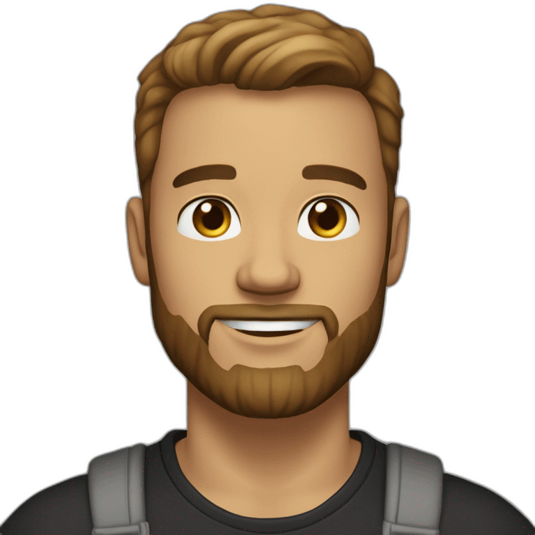 light brown male, faded hair, good beard, white teeth, black t shirt approximately 32 years old, good beard, chest up, confident emoji