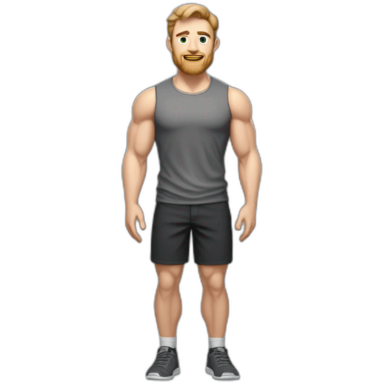 Full height Pale skinned fit man With biceps, Realistic eyes and mouth, light brown hair and stubble In dark gray sleeveless mike, black oversize sports shorts, watch and white sneakers. emoji