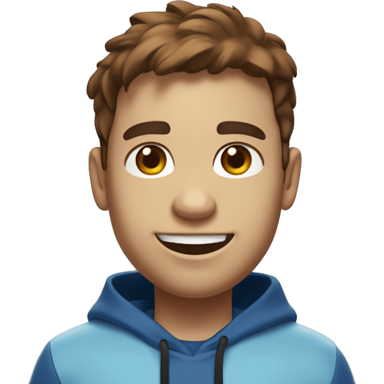 A digital 3D emoji-like face with brown hair, a small mole under the right eye, wearing white earbuds, and smiling. The character is wearing a dark blue hoodie and a black Nike crossbody bag. The background is a gradient light blue. emoji