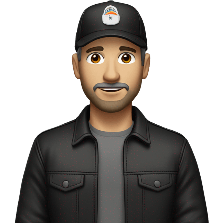 An adult white skin portrait of male with stubble and a slightly gray beard, brown hair, black eyes, wearing a black Reebok cap with a round emblem on his head, and a black leather jacket. emoji