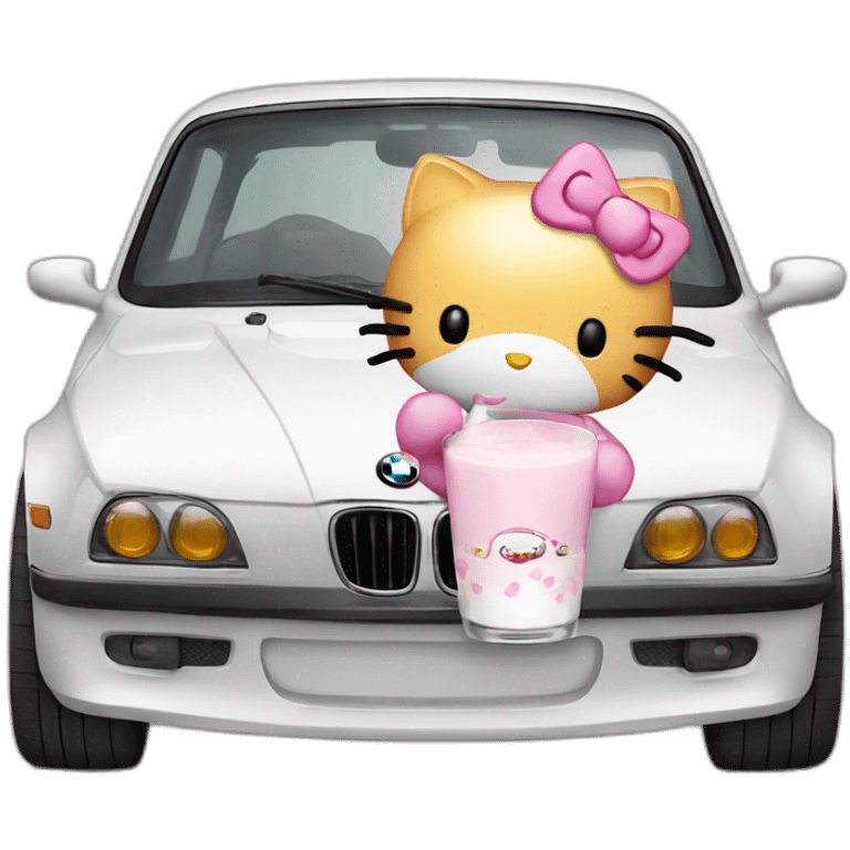 Hello Kitty drinking milk from a clear glass and driving a pink BMW emoji