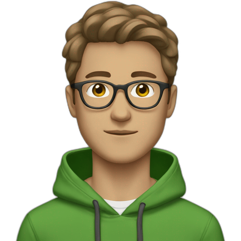 21 year old, white man, swooped brown hair, clear glasses, wide head, green hoodie emoji