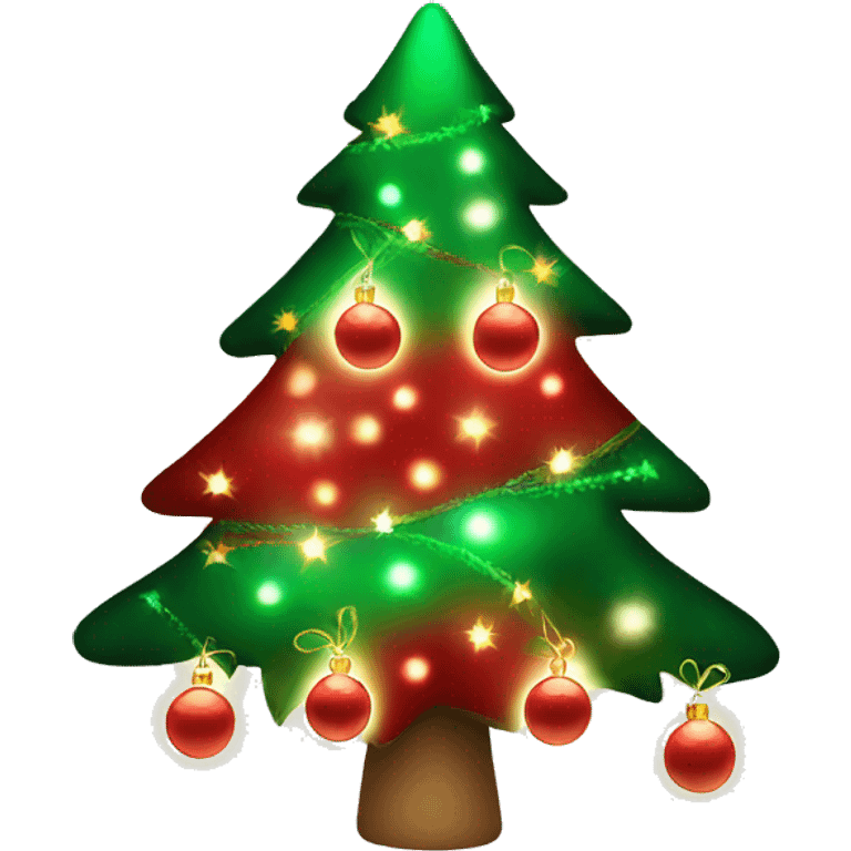 Decorated Christmas tree, red and green ornaments, glowing lights, festive look emoji