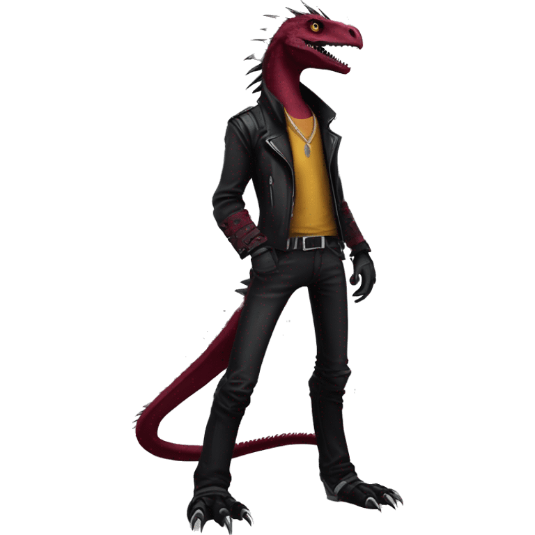 Maroon edgy badass modern sexy handsome punk velociraptor-dragon-Digimon, with black spiky mane, full body emoji