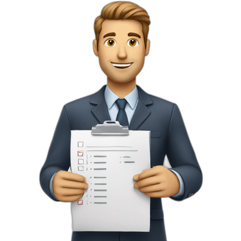 white professional guy holding a check list emoji