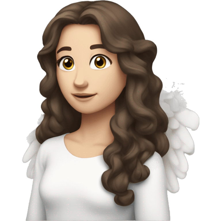 Caucasian brunette angel with long hair, dimples, big blue eyes, halo and wings emoji