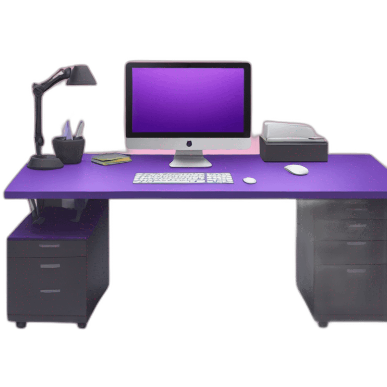 web developers desk with purple screen emoji