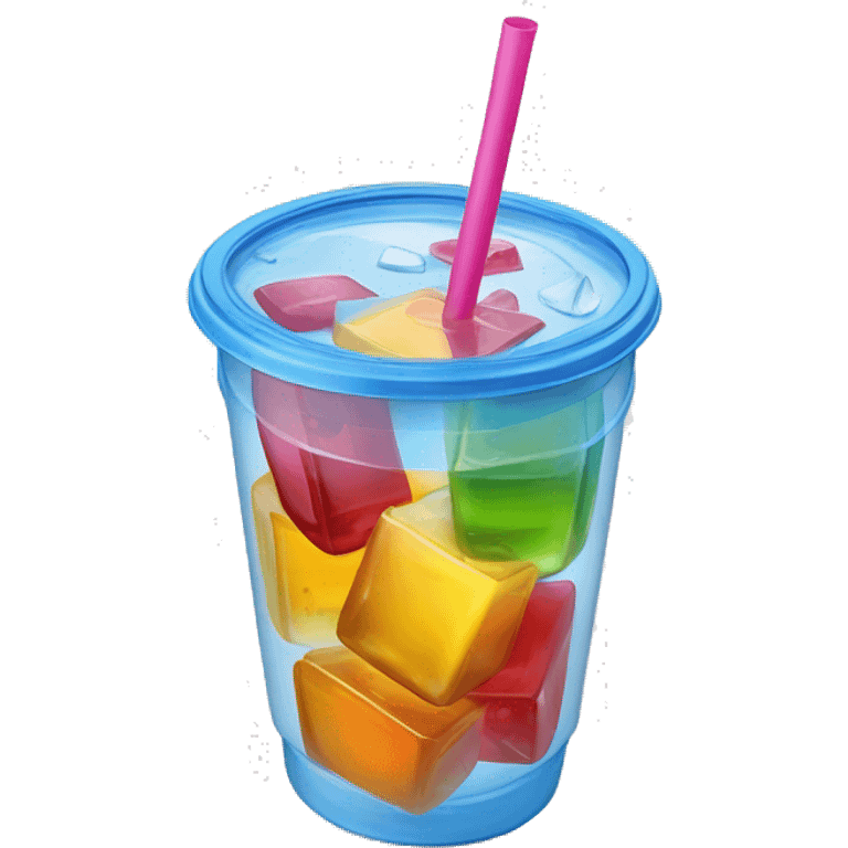 Realistic plastic cup and lid with juice and large ice cubes inside and colorful straw poked through the top of the lid. emoji