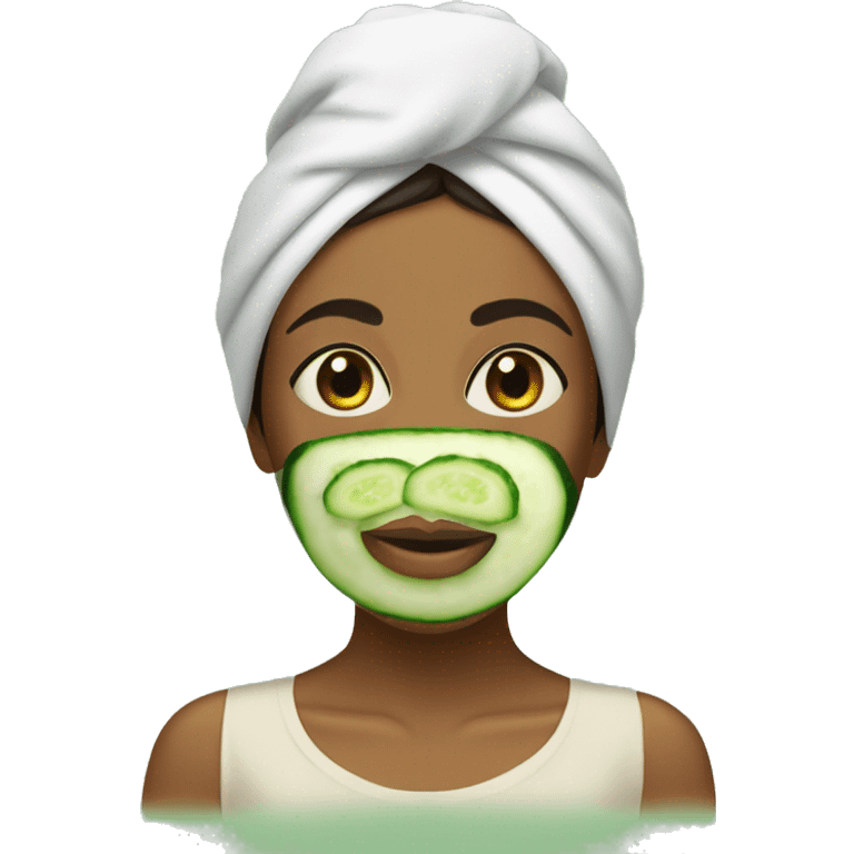 Brown girl face mask cucumber on eyes towel on head emoji