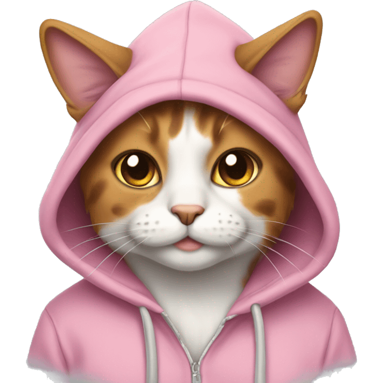 calico cat wearing a pink hoodie emoji