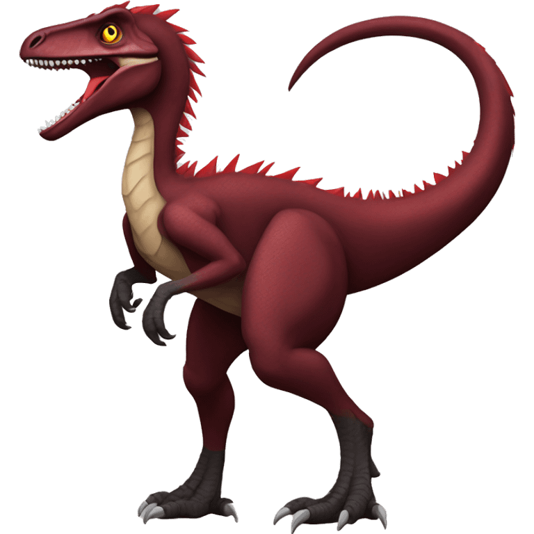 Cool edgy handsome Maroon-colored velociraptor with red spiky mane full body emoji