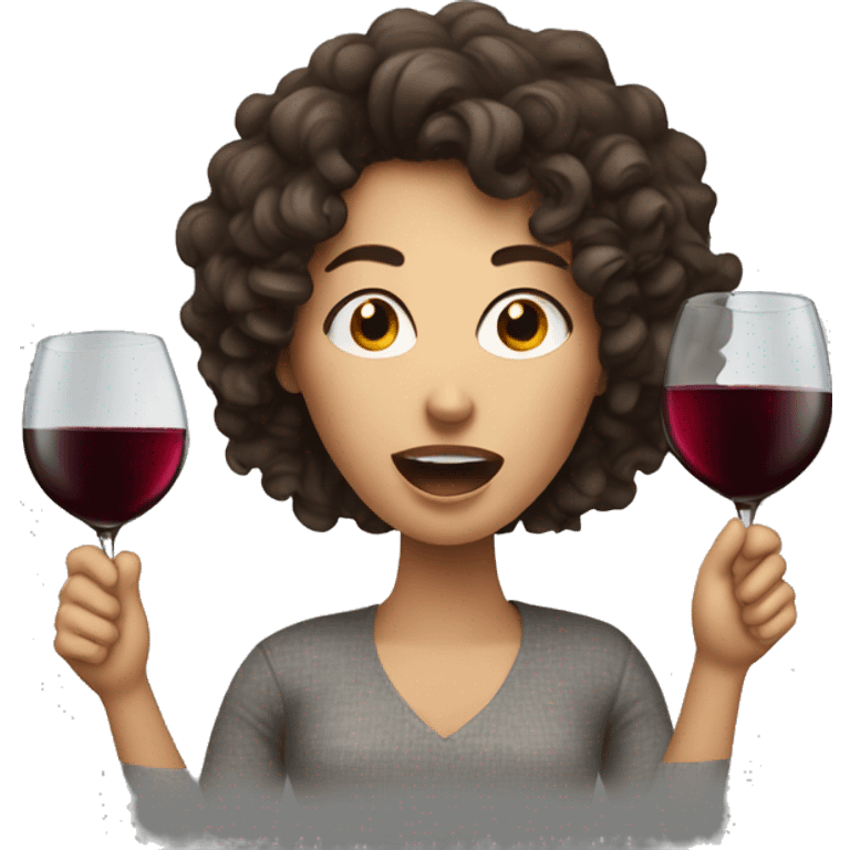 White Woman with curly dark brown hair drinking wine shouting emoji