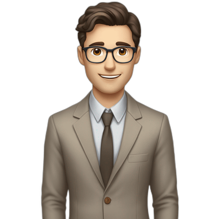 Pale skinned fit man with dark brown hair in gray jacket, beige office shirt, brown tie, brown pants and vintage glasses Writing on the flipchart emoji