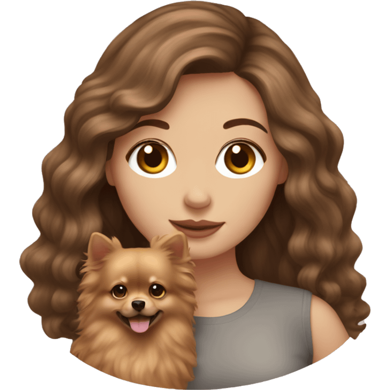 White girl with brown long wavy hair holding a pomeranian emoji