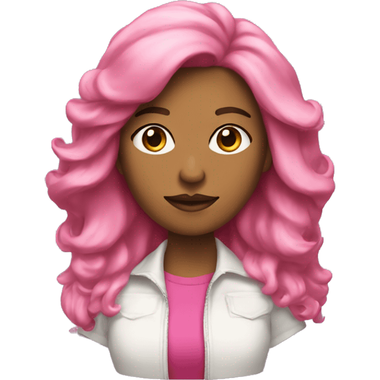 Una mujer de pelo moreno con mechas y una ropa rosa emoji