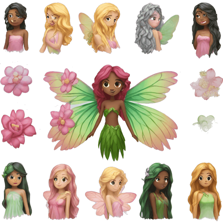 big wings, flower, fairy, pink,green, long hair emoji