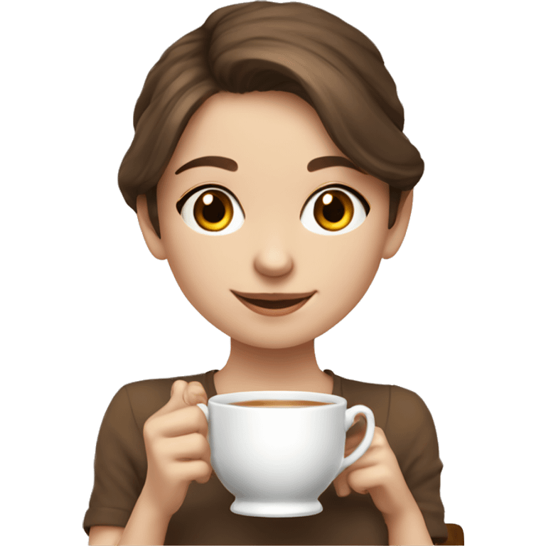 cute girl drinking tea brown hair, smiling and pale skin emoji