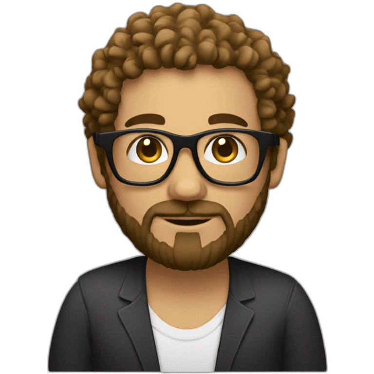 men with black curly hair and beard and golden glasses work hard on computer emoji