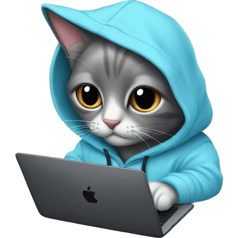 Cat wearing baby blue hoodie and a black MacBook emoji