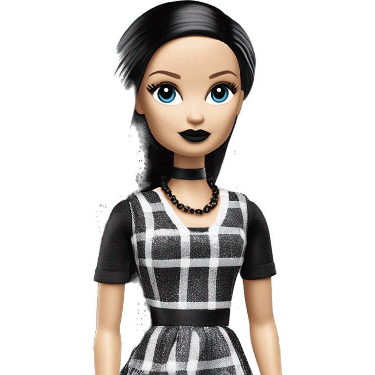   Hostess Wednesday Addams Barbie.  very light skin face. Black lipstick and eyeshadow. Earrings matching necklaces. Long silky raven hair.  Silk pj separates black high heel.  emoji