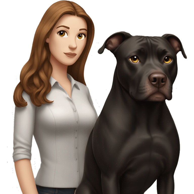 white woman with long brown hair and cat shaped eyes standing alongside a black pitbull  emoji