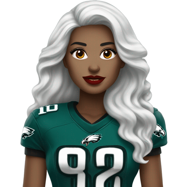 White female long dark hair red lips wearing Philadelphia Eagles jersey emoji