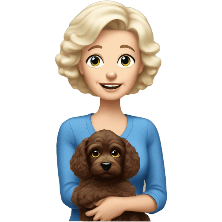 blue eyed old blonde lady with dark brown Cockapoo puppy dog emoji