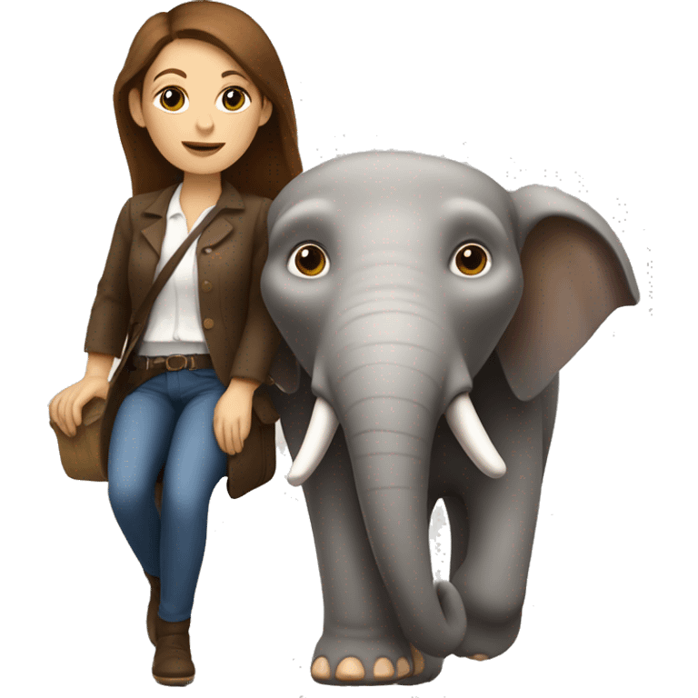 French woman with straight brown hair, with a monkey on her shoulder, riding an elephant emoji