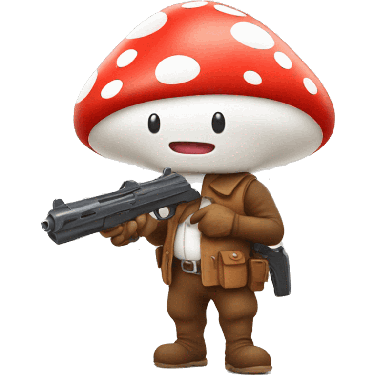 cute mushroom person holding gun and he’s really small and red and white spots with a cute smiley face  emoji