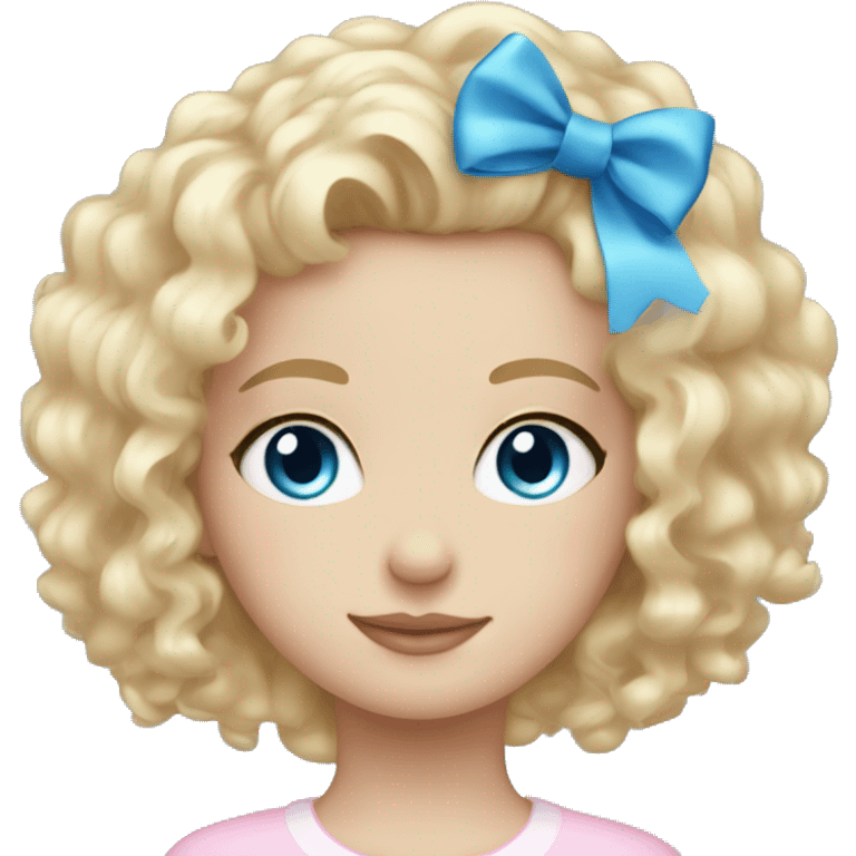 Soft blond curly girl white skin blue eyes in light pink bow emoji