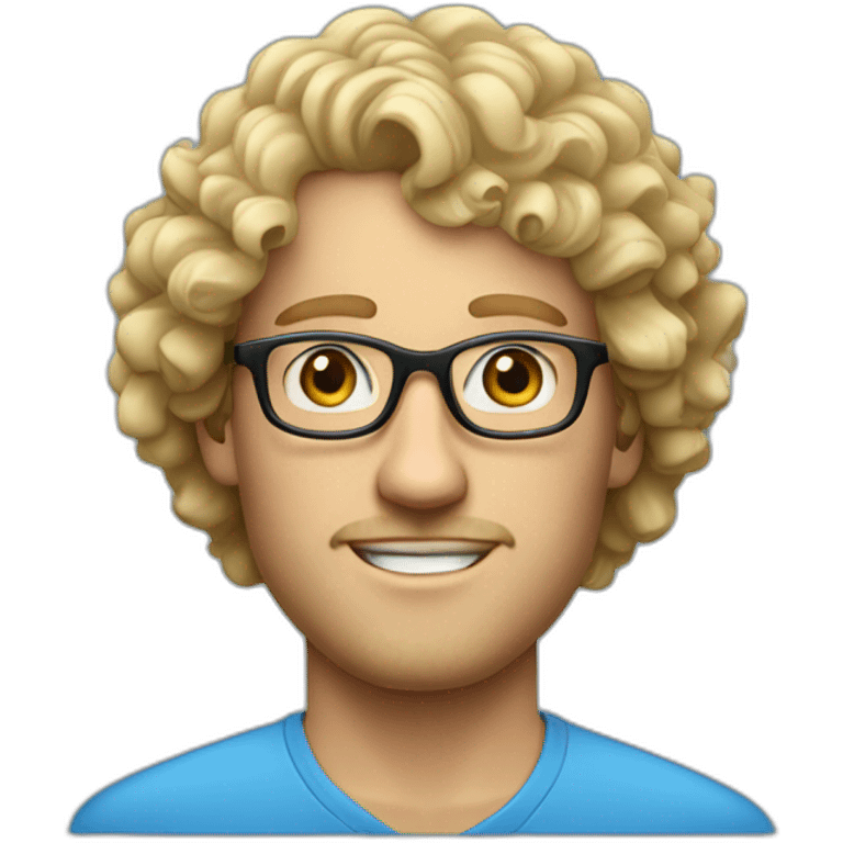 Portrait of blond man with curly hair and blue eyes with glasses and a shirt emoji