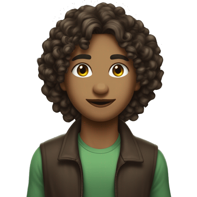 long curly hair,eyes with a hint of green, eyes positive  canthal tilt ,medium thick shaped eyebrows in dark brown, and medium thin lips, round face shape, soft jawline, full body, american emoji