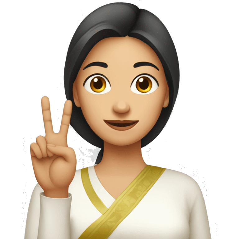 A lady with white kurti showing three fingers in one hand emoji