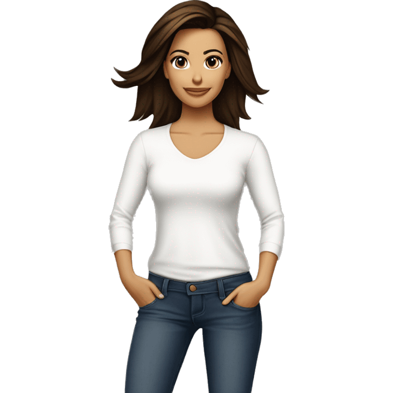 3/4 face, contrasted, shadow, light, Eva Longoria expression, standing from a distance, thin nose, brunette woman, hazel eyes, long eyelashes, dark shoulder shaded hair, white t-shirt, jeans, white sneakers emoji