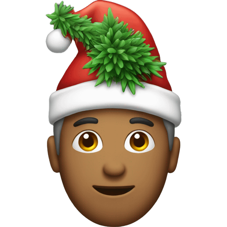 Person wearing a Santa hat holding a Christmas tree emoji