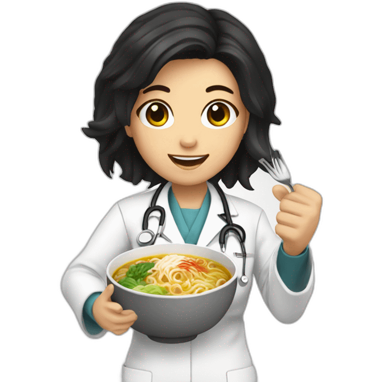 female doctor with dark hair eating ramen bowl with thumbs up emoji