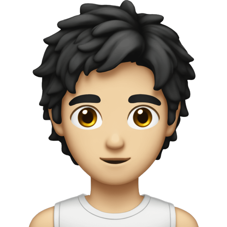 Teenager boy type italian, White skin, with straight black hair (Which go down behind to the nape of the neck), Little bit dezoom emoji