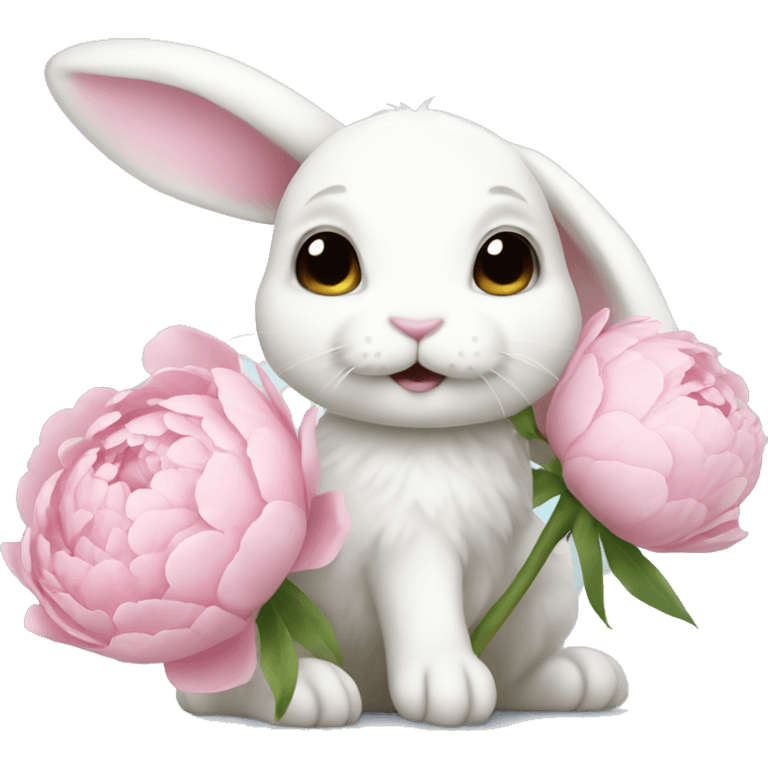 cute white bunny holding light pink peonies emoji