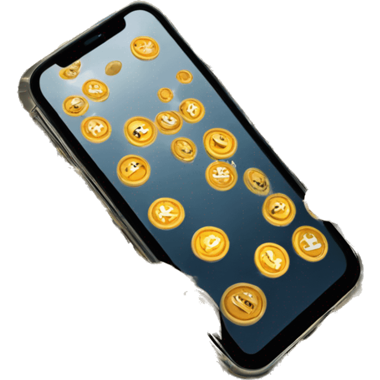 An iPhone 15 Pro with a sleek, modern design, showing the front screen. Bitcoin crypto coins are falling out from the screen, as if they are coming out of the phone. The coins cascade out in a dynamic way. emoji