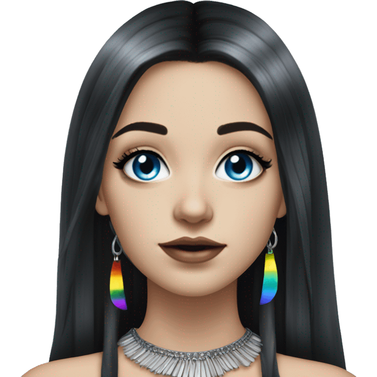 Hyperrealistic white girl with blue eyes and long black hair with rainbow fringe. Wearing cute black & silver choker necklace has dark eye makeup on her eyes emoji