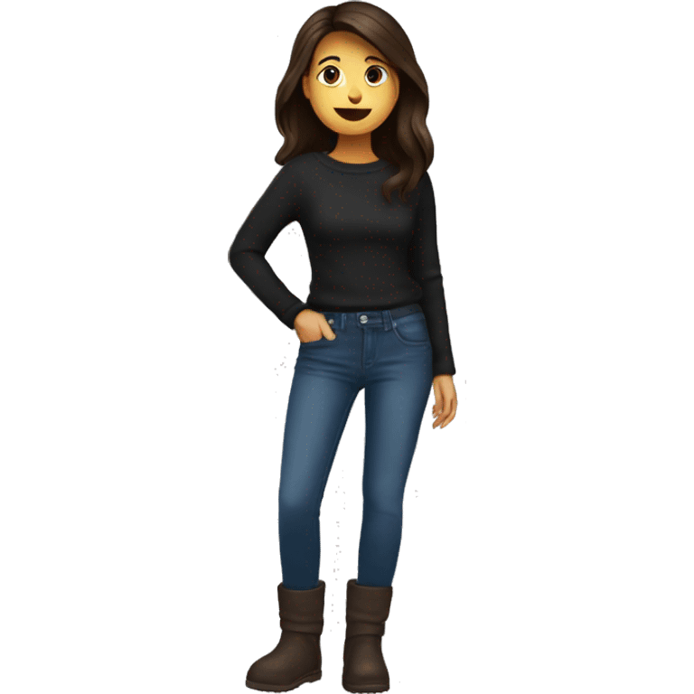 Brunette girl with black sweater an blue jeans and brown Uggs eating chips emoji