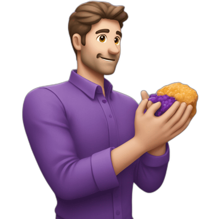 Un homme tout en violet qui tien une grosse pierre dans les mains emoji