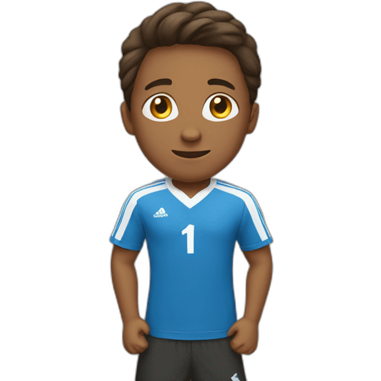 a boy with a soccer t-shirt looking cross emoji