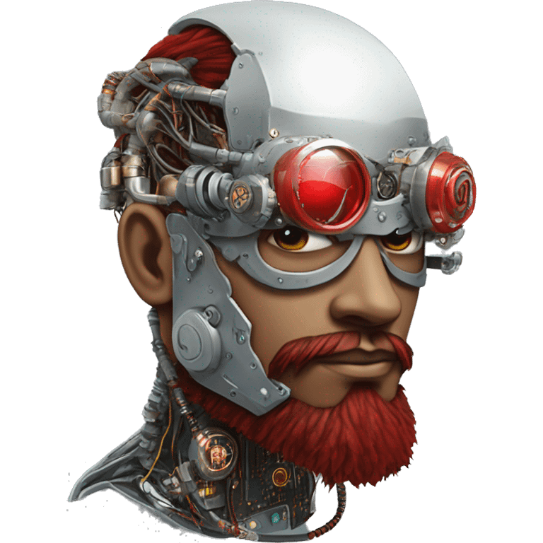 cyborg head with Silver mohawk, red steampunk goggles, long red beard and circuits emoji