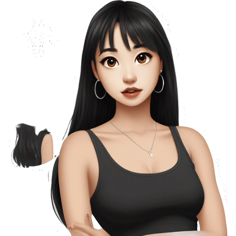 Korean girl, black tank top, black hair, black eyes, layered hair, cool girl, aesthetic, long hair, hime cut, blunt bangs, small silver hoop earrings emoji