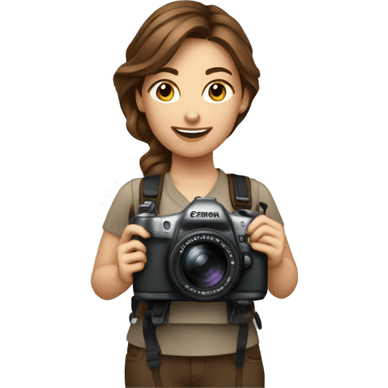 women photographer with brown hair holding a camera canon emoji