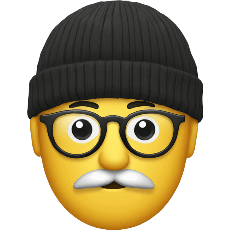 beanie with round glasses and round face and black mustache emoji